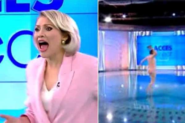 Mulher nua invade programa de televisão e atira pedra à apresentadora (VÍDEO)