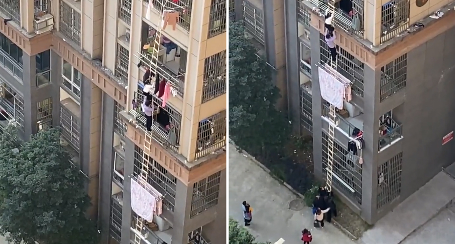 Moradores de Xangai usam escadas de corda para sair de casa e fugir às restrições (VÍDEO)